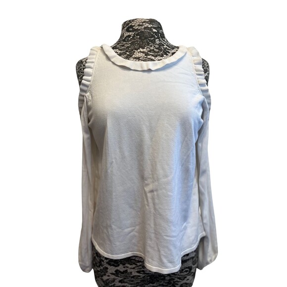 Milly White Sweater Top Knit Cold Shoulder Long Sleeve Ruffled Collar Feminine M - Picture 1 of 16